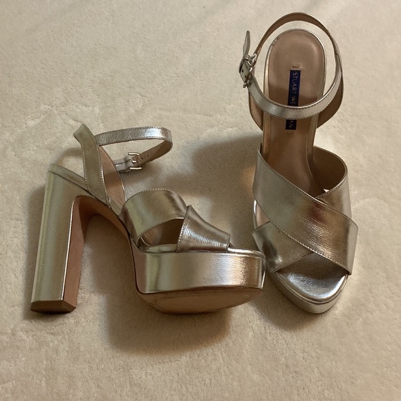 Stuart Weitzman Shoes - Stuart Weitzmann silver, strappy platforms size 9